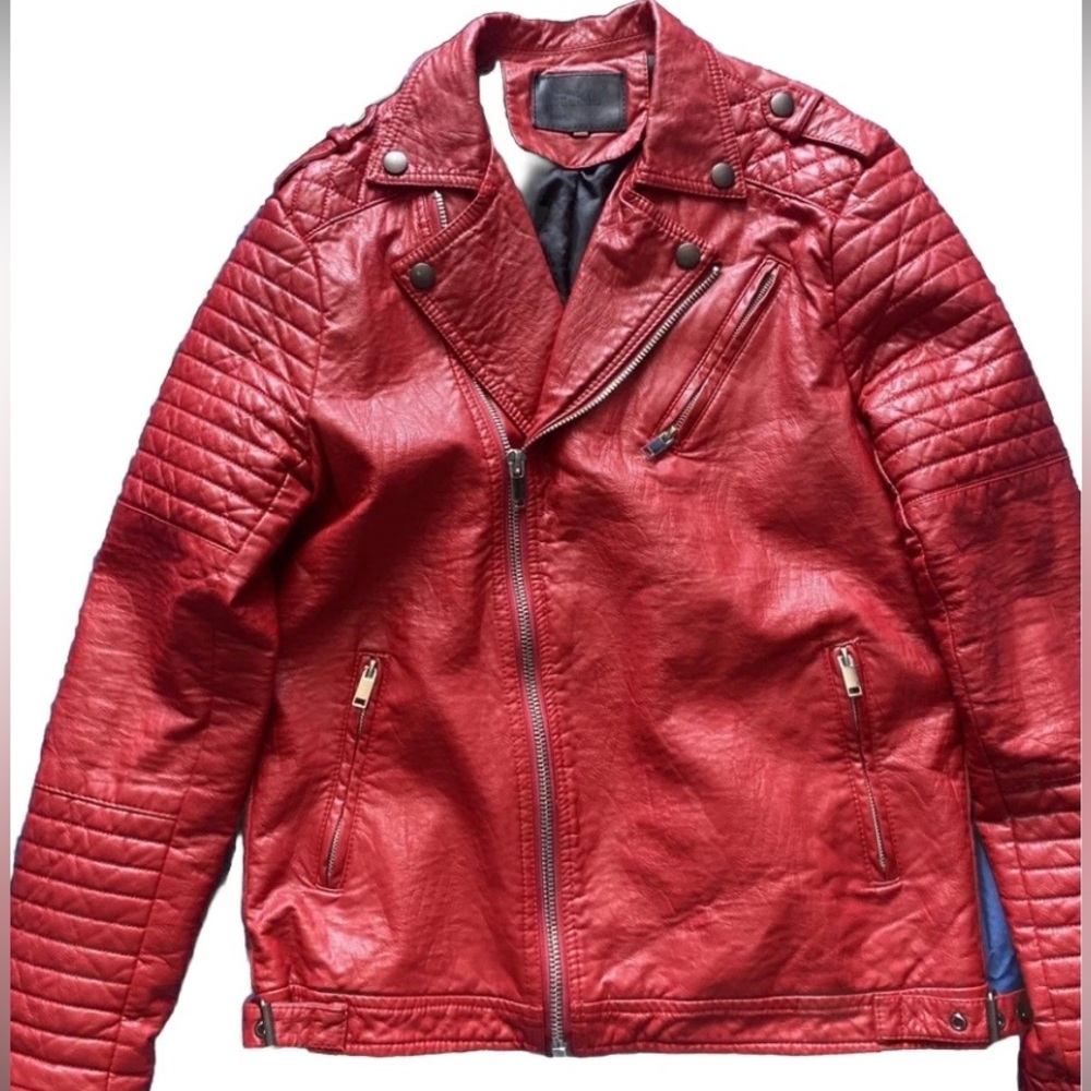 Red Asymmetrical Faux Leather Biker Jacket